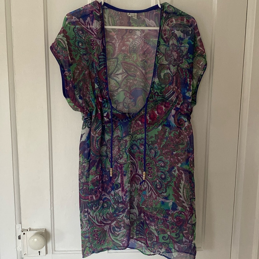 BECCA By Rebecca Virtue Purple & Green Sheer Tunic Dress Swim Cover Up Size M-L